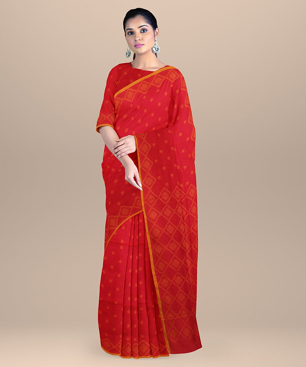 Red yellow handloom cotton bengal saree