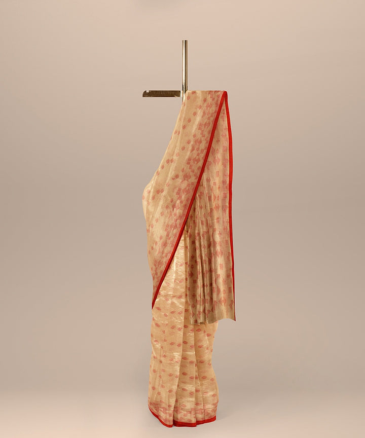 Beige red handloom cotton bengal saree