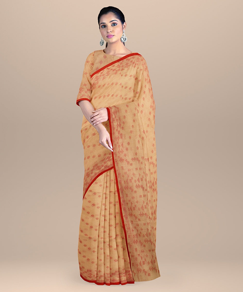 Beige red handloom cotton bengal saree