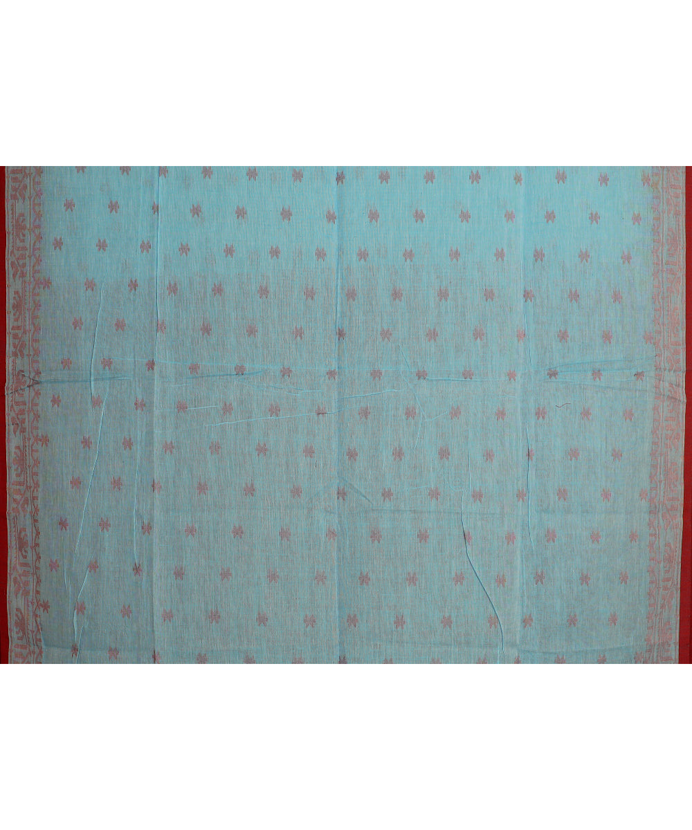 Sky blue red handloom cotton bengal saree