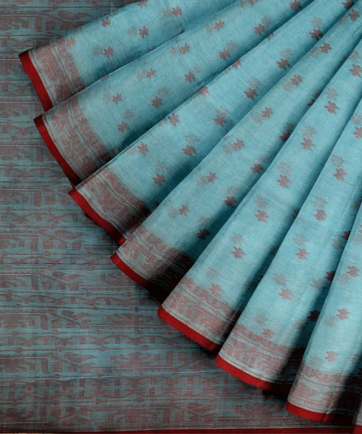 Sky blue red handloom cotton bengal saree