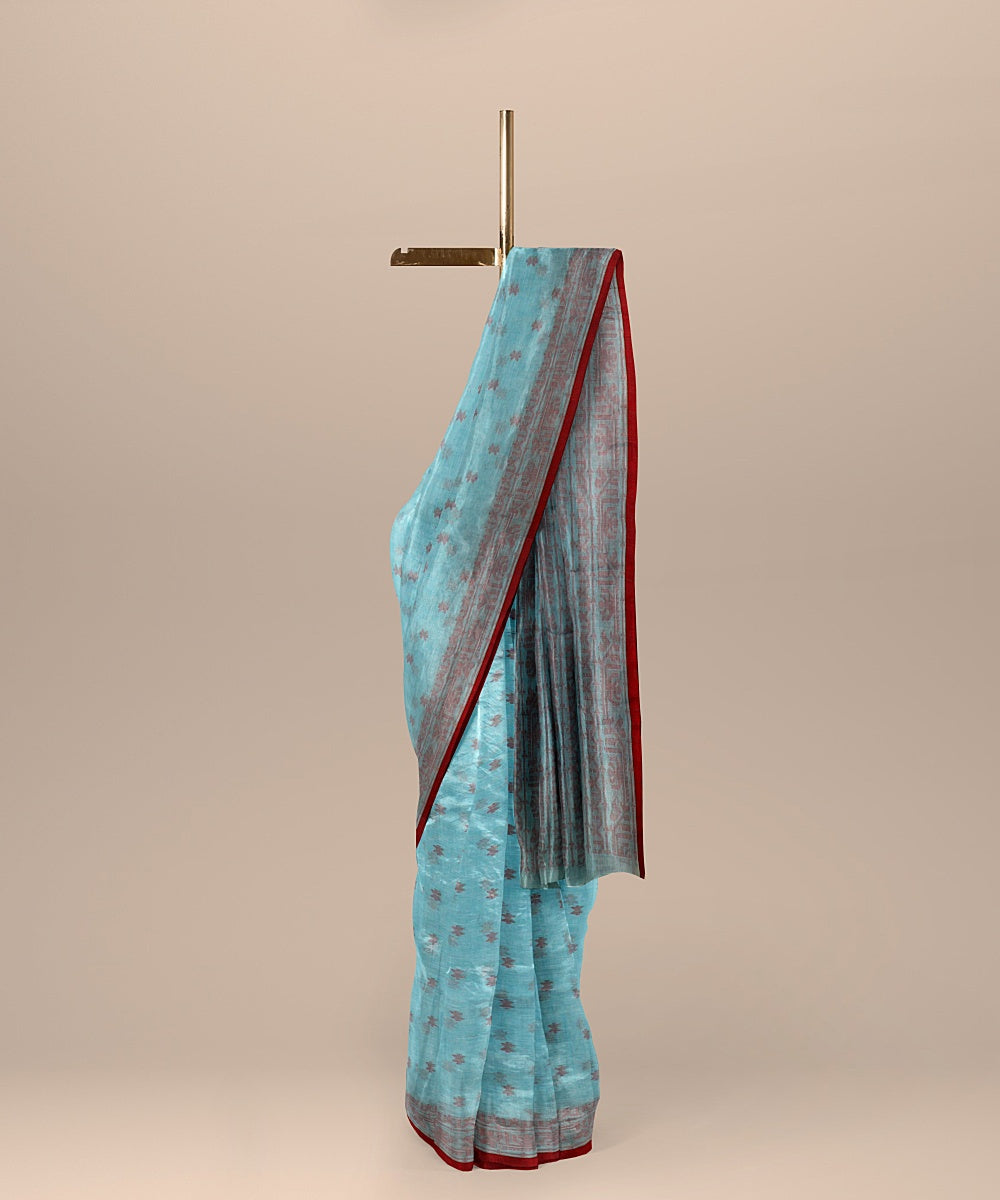 Sky blue red handloom cotton bengal saree