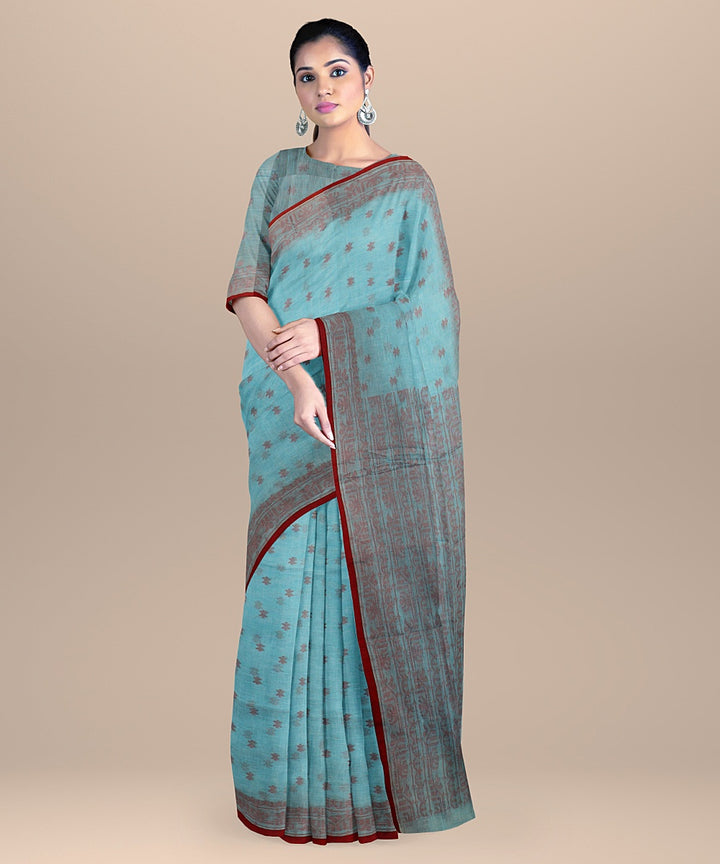 Sky blue red handloom cotton bengal saree