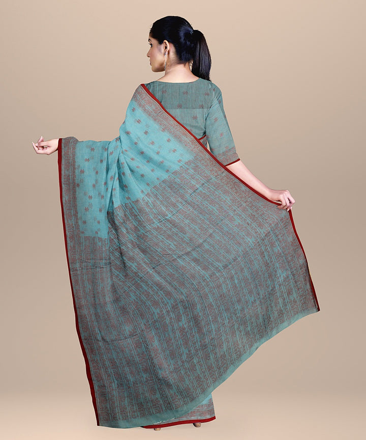 Sky blue red handloom cotton bengal saree