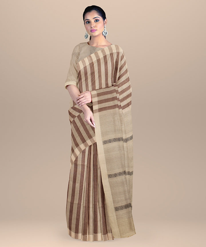 White brown handloom cotton bengal saree