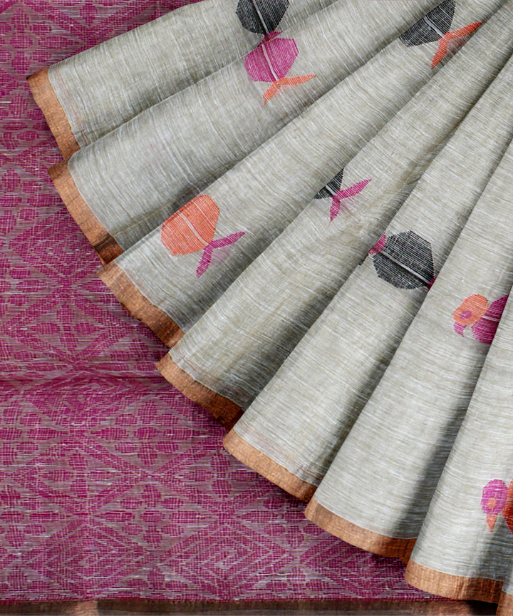 Cream pink linen handloom bengal saree