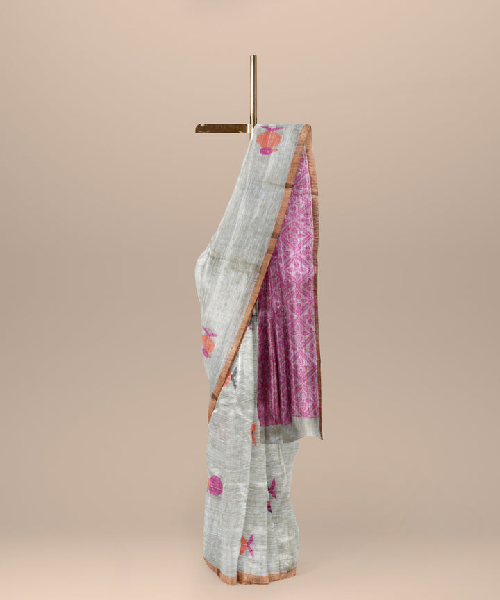 Cream pink linen handloom bengal saree