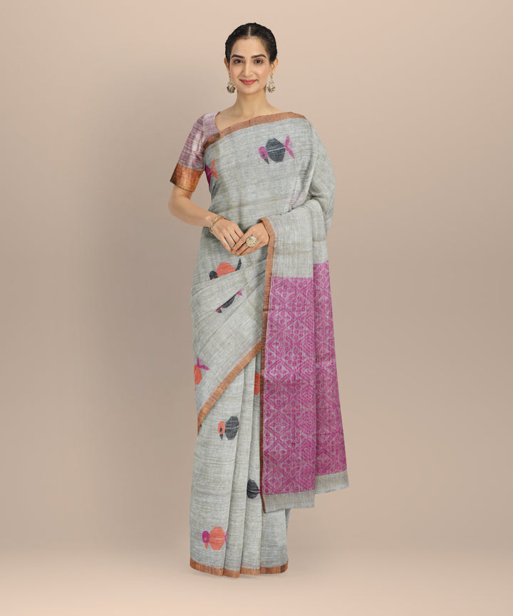 Cream pink linen handloom bengal saree