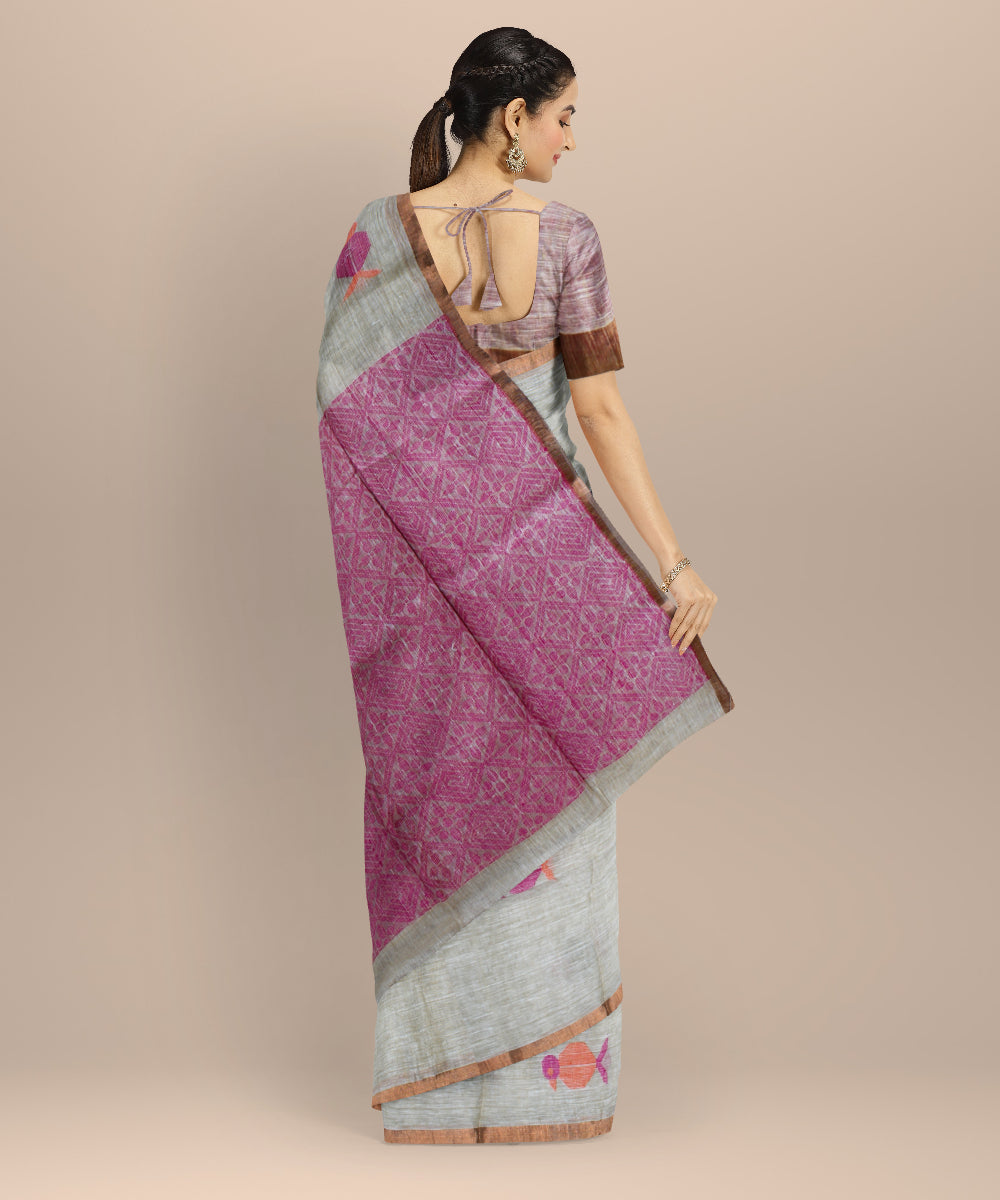 Cream pink linen handloom bengal saree