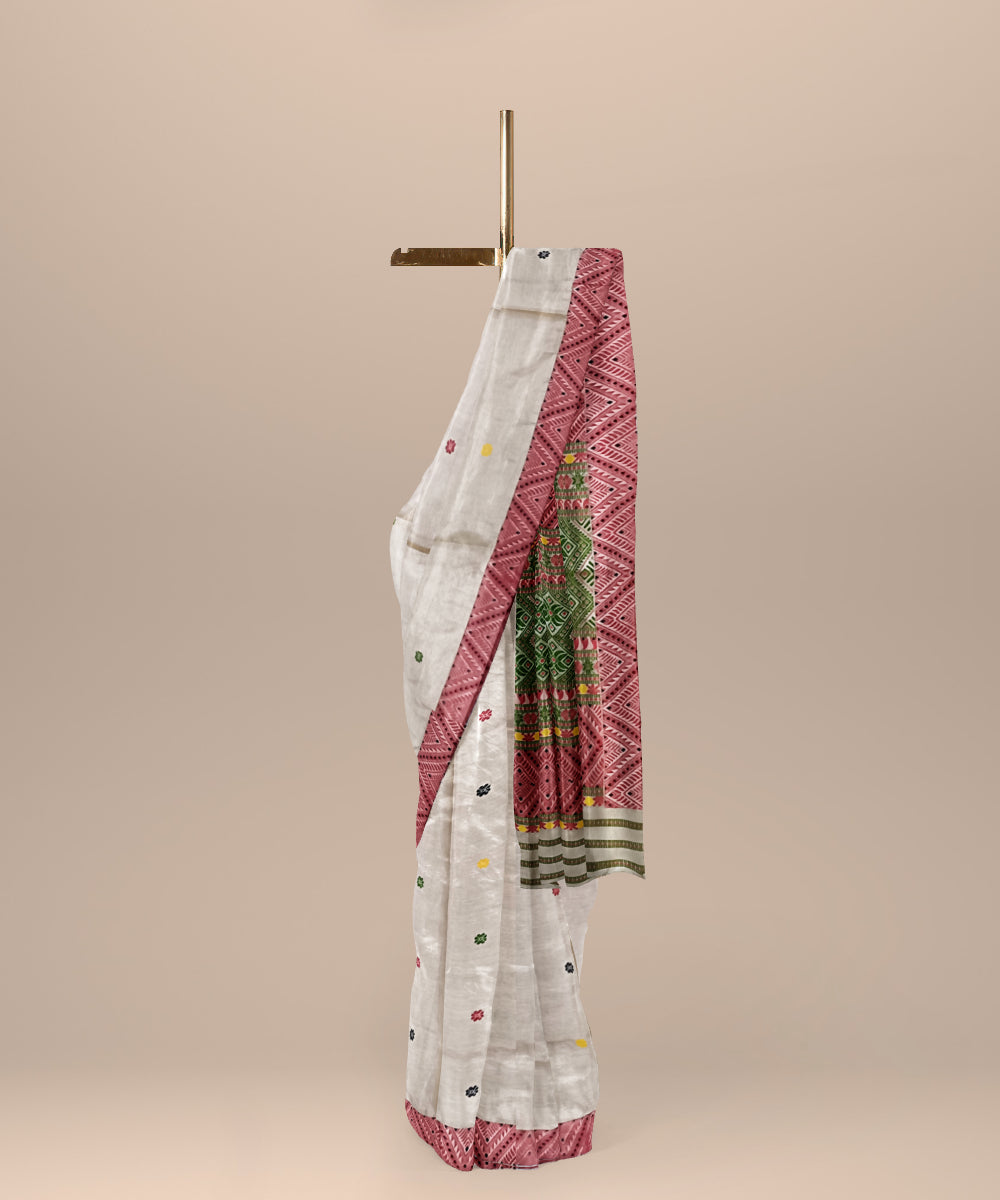 Cream red tussar silk assam handloom saree