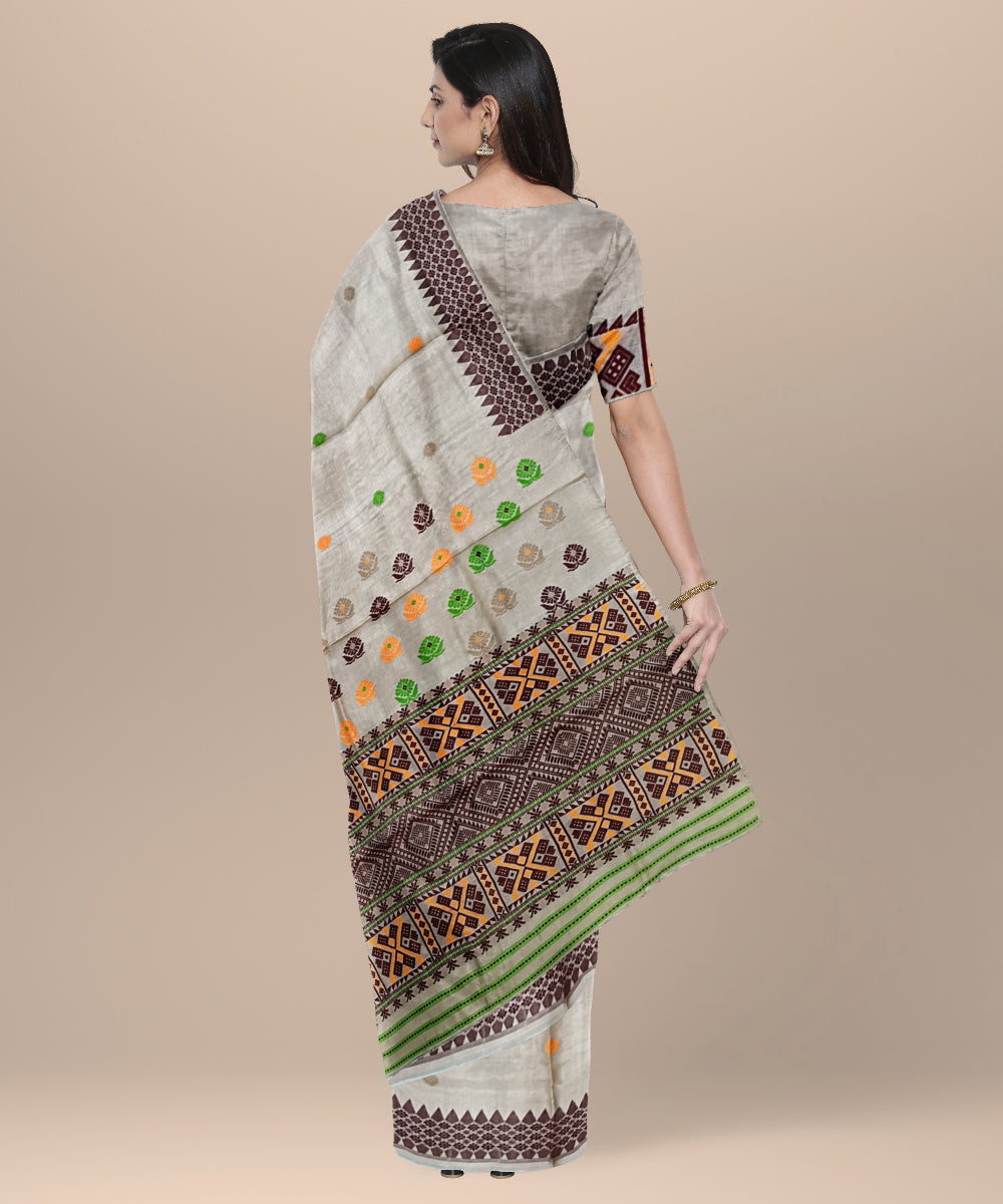 Cream multicolour assam tussar silk handloom saree