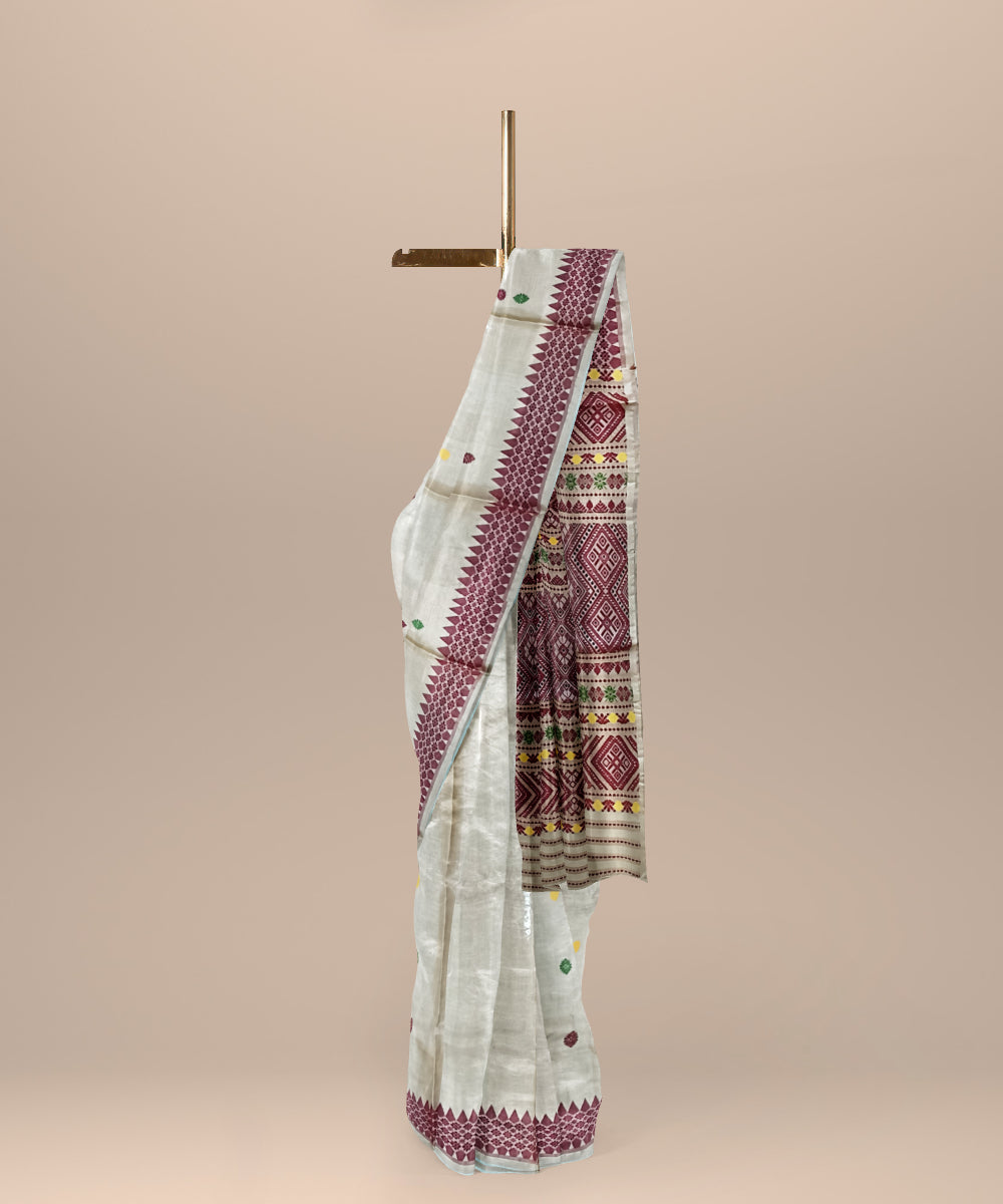 Cream multicolour handloom tussar silk assam saree