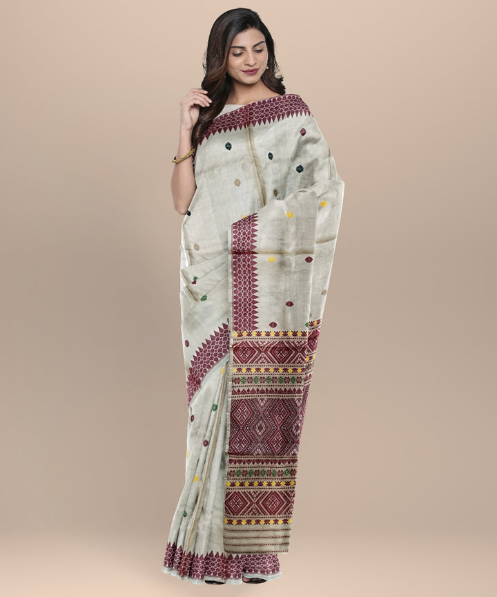 Cream multicolour handloom tussar silk assam saree