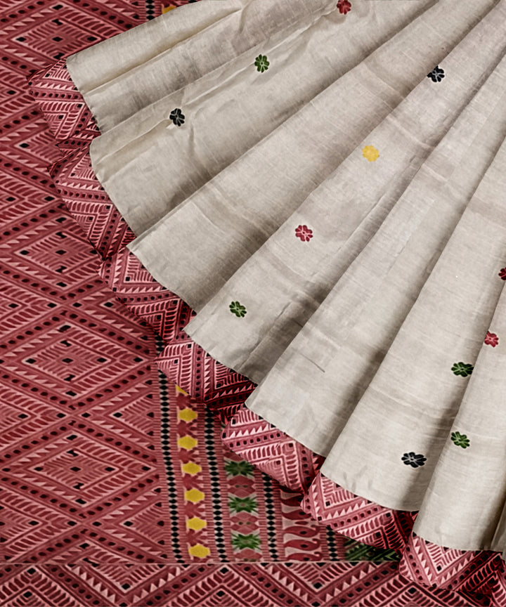 Cream multicolour tussar silk handloom assam saree