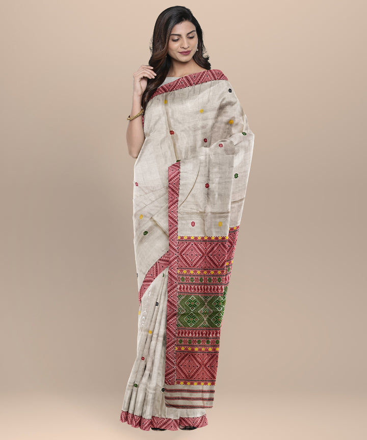 Cream multicolour tussar silk handloom assam saree