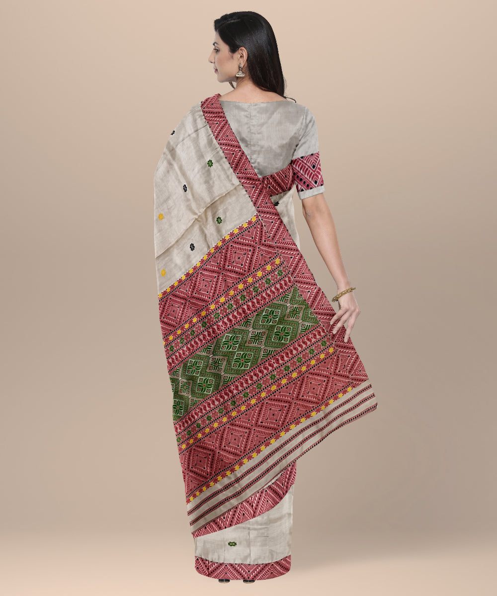 Cream multicolour tussar silk handloom assam saree