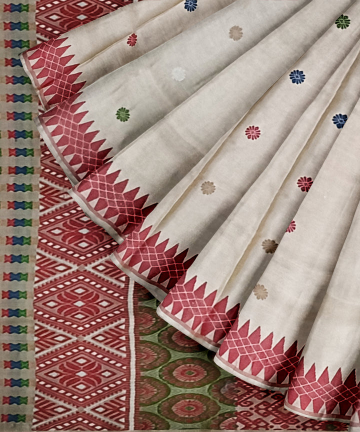 Cream red assam tussar silk handloom saree