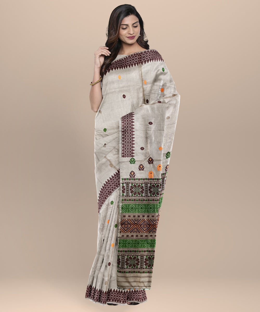 Cream multicolor tussar silk assam handloom saree