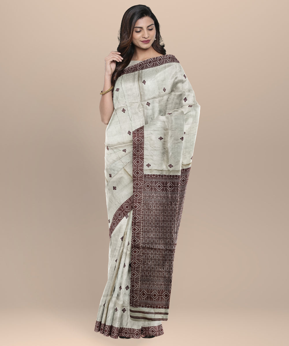 Cream brown tussar silk handloom assam saree