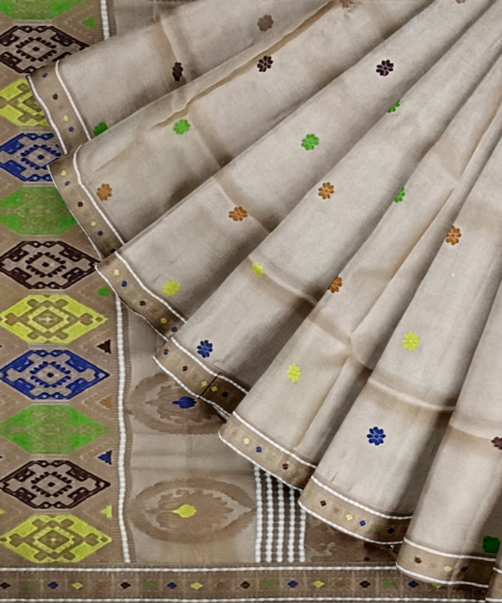 Cream multicolor tussar silk handloom assam saree