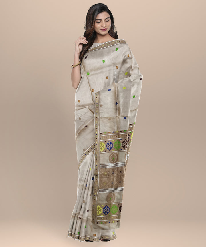 Cream multicolor tussar silk handloom assam saree