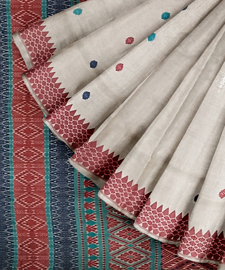 Cream red tussar silk handloom assam saree