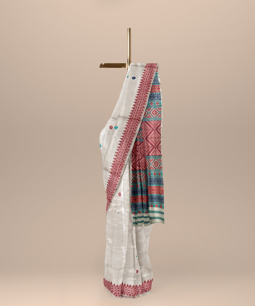Cream red tussar silk handloom assam saree