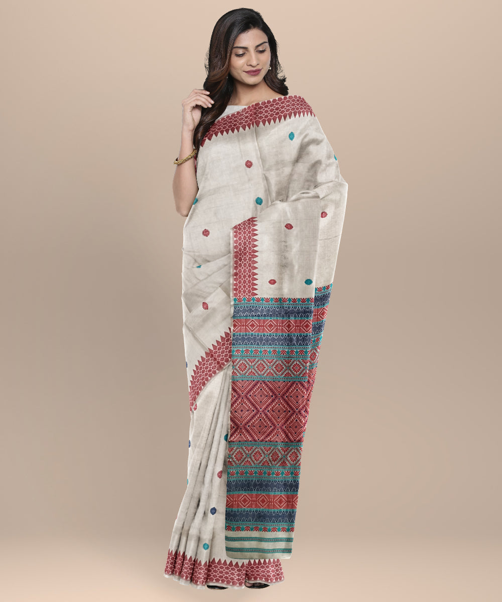 Cream red tussar silk handloom assam saree
