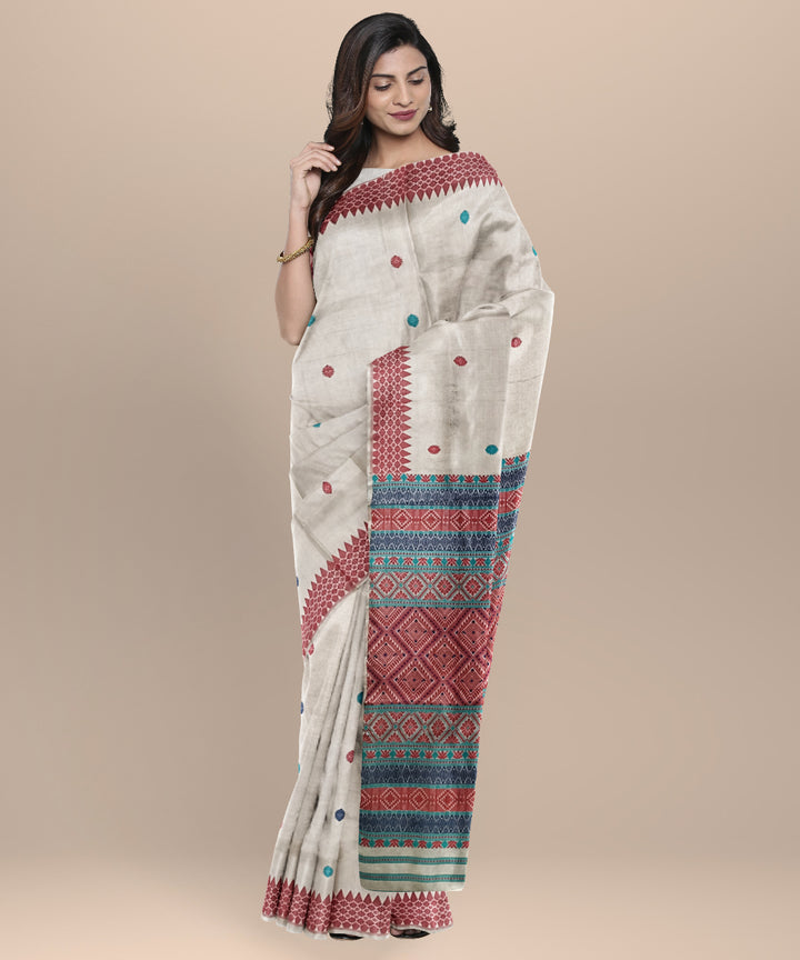 Cream red tussar silk handloom assam saree