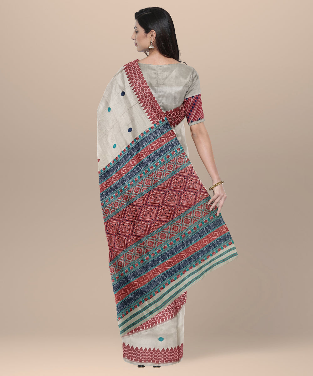Cream red tussar silk handloom assam saree