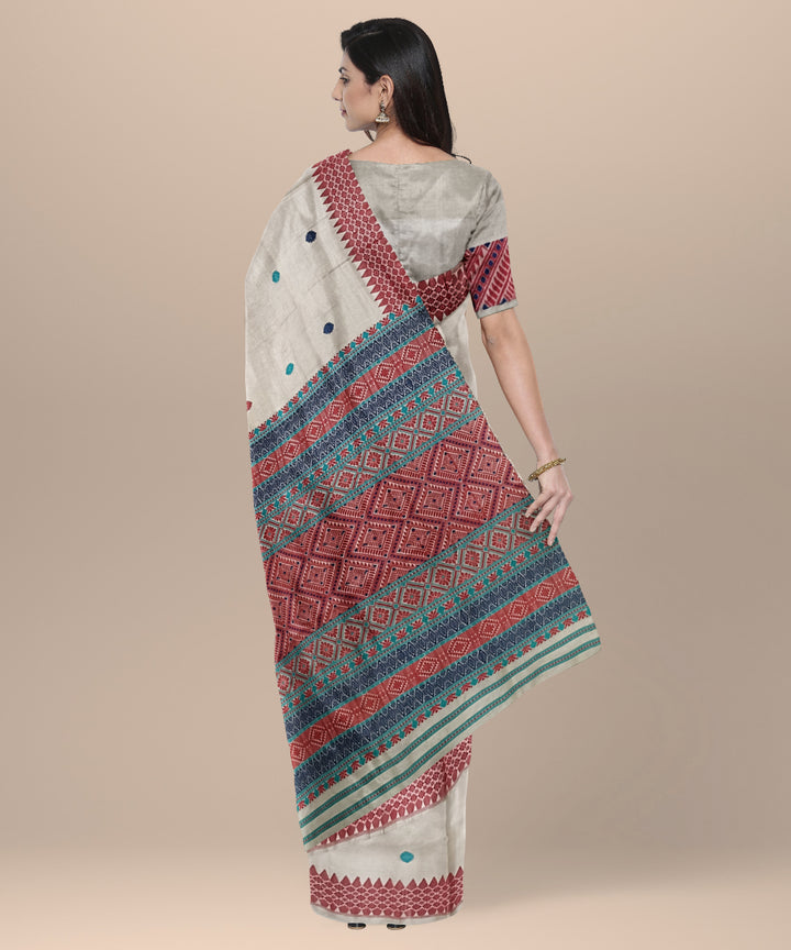 Cream red tussar silk handloom assam saree