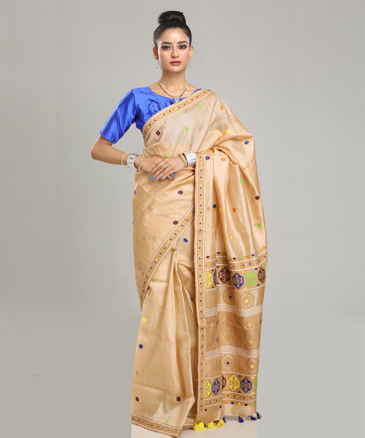 Beige multicolor handloom assam tussar silk saree