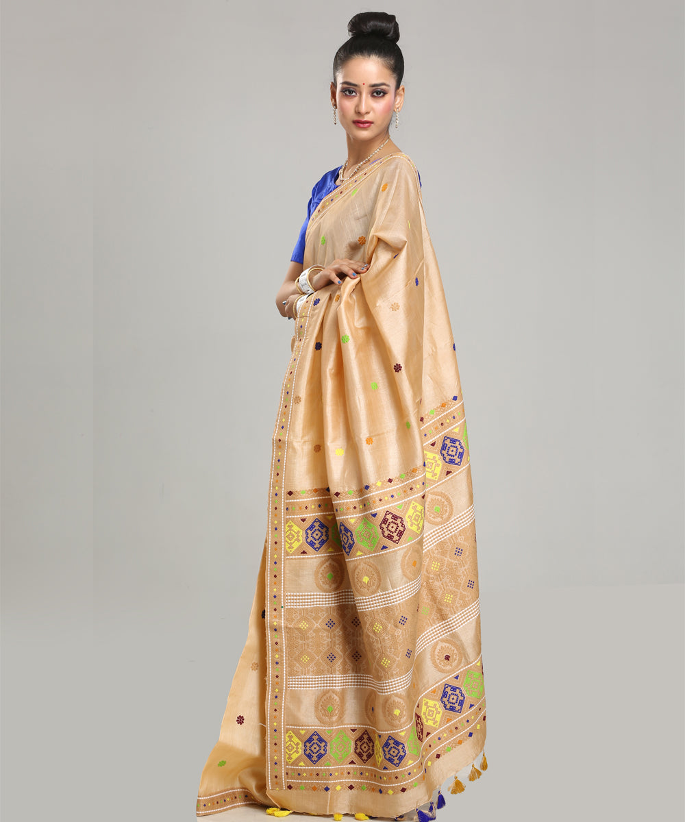 Beige multicolor handloom assam tussar silk saree