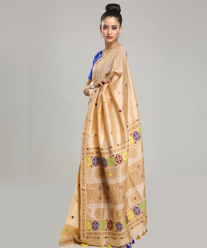 Beige multicolor handloom assam tussar silk saree
