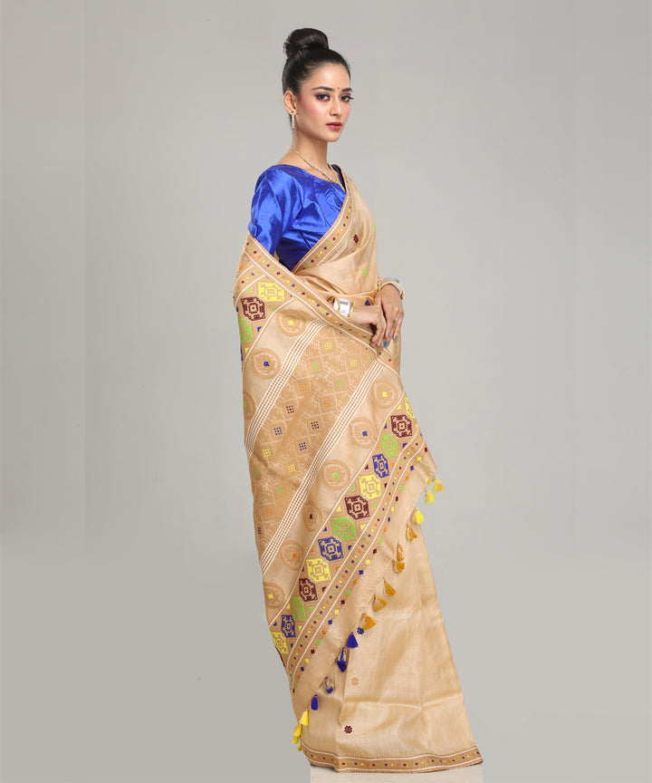 Beige multicolor handloom assam tussar silk saree