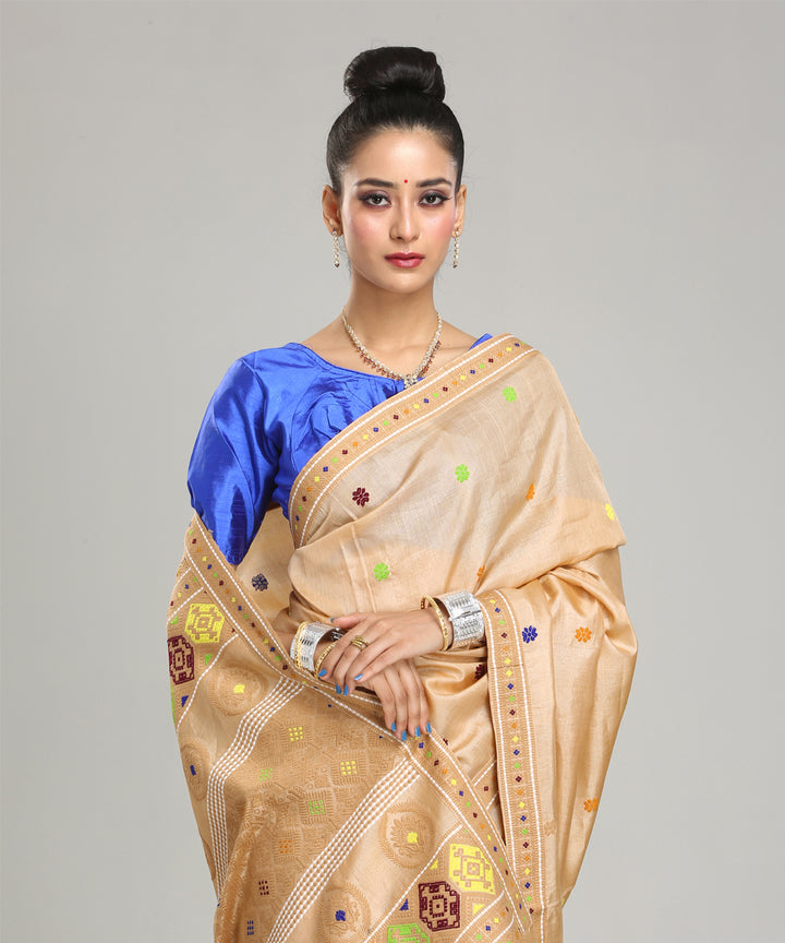 Beige multicolor handloom assam tussar silk saree