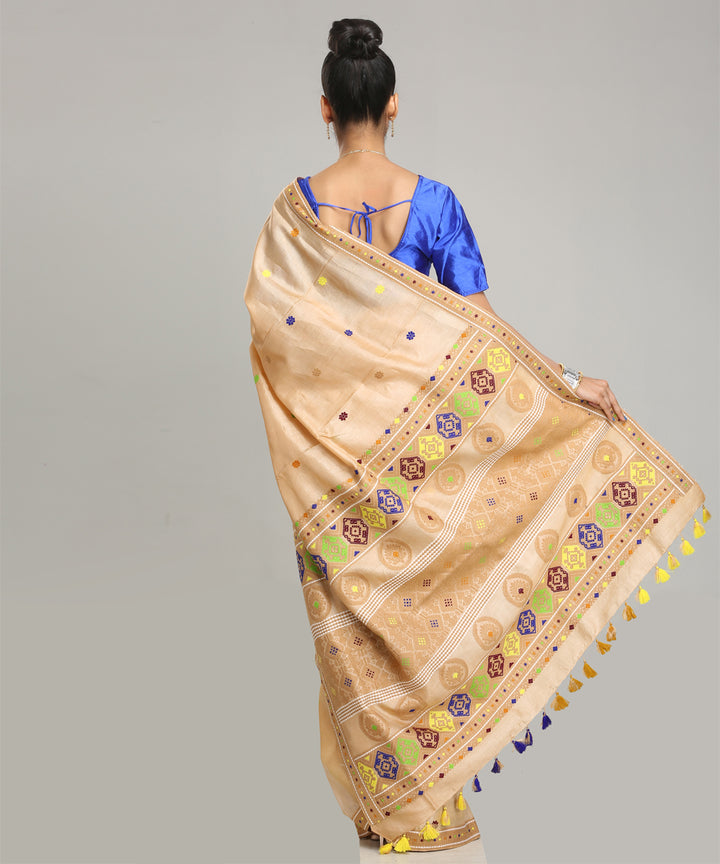 Beige multicolor handloom assam tussar silk saree
