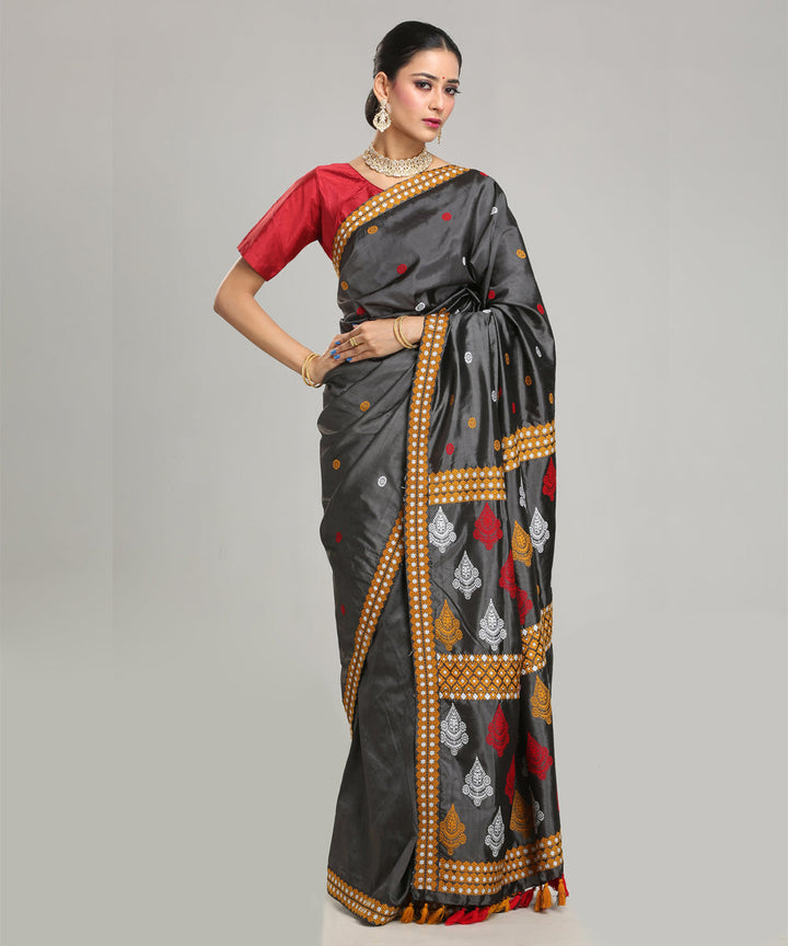 Grey white red Mulberry silk handloom assam saree