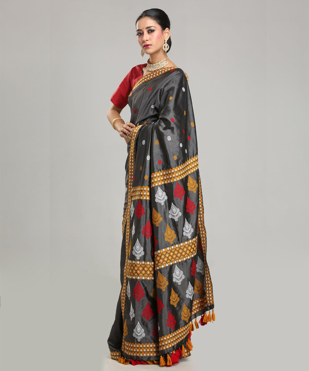 Grey white red Mulberry silk handloom assam saree