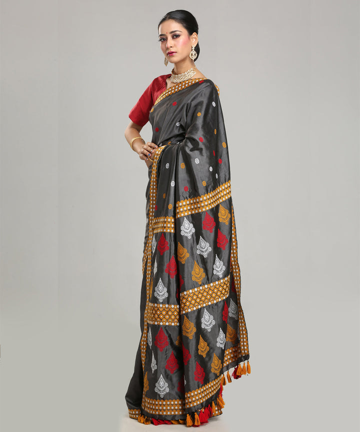 Grey white red Mulberry silk handloom assam saree