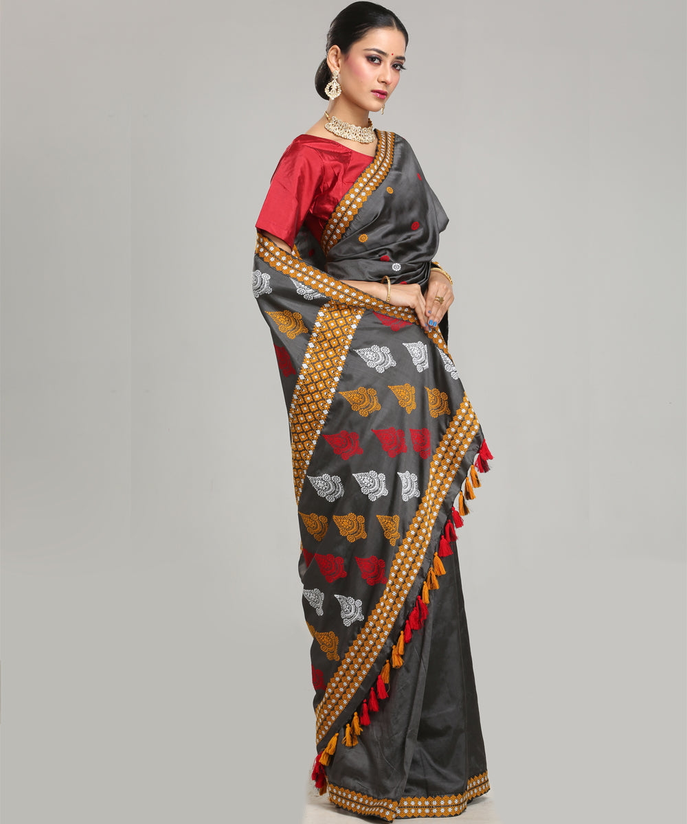 Grey white red Mulberry silk handloom assam saree
