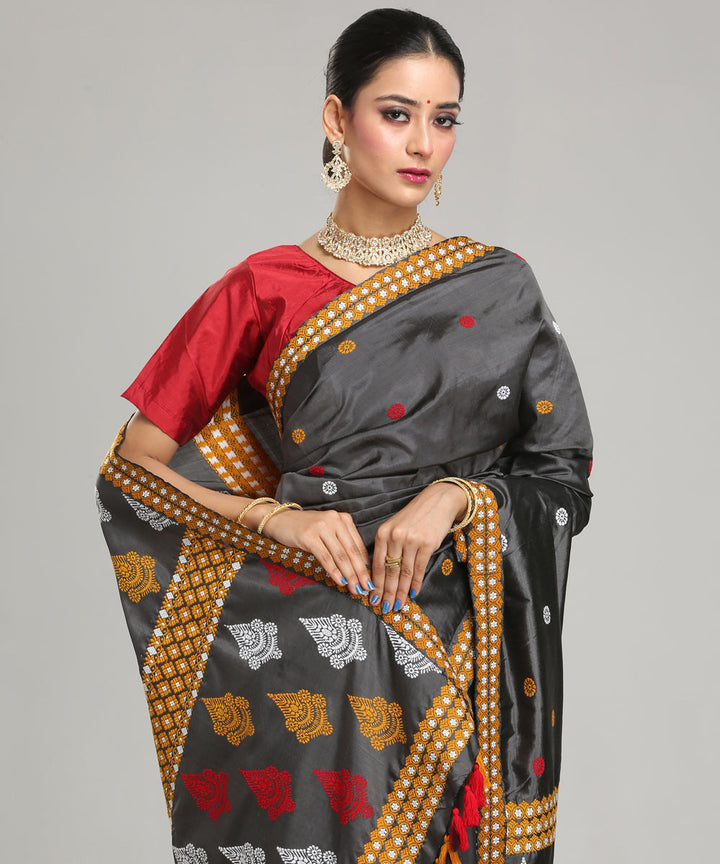 Grey white red Mulberry silk handloom assam saree