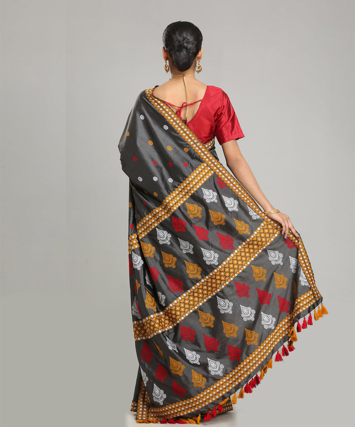 Grey white red Mulberry silk handloom assam saree