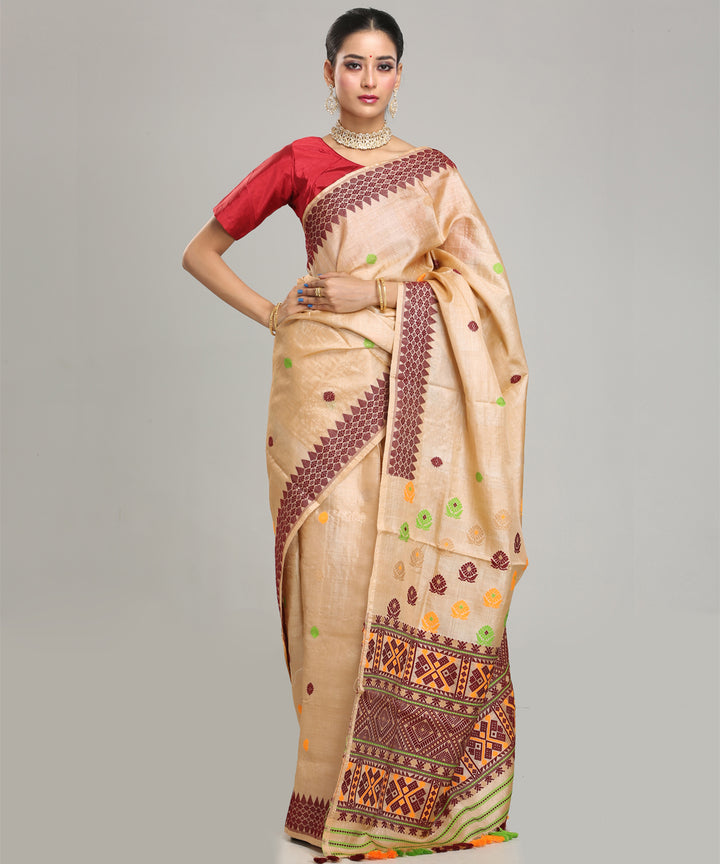 Beige maroon handloom assam tussar silk saree