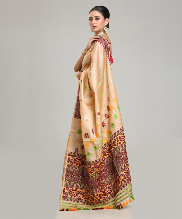 Beige maroon handloom assam tussar silk saree