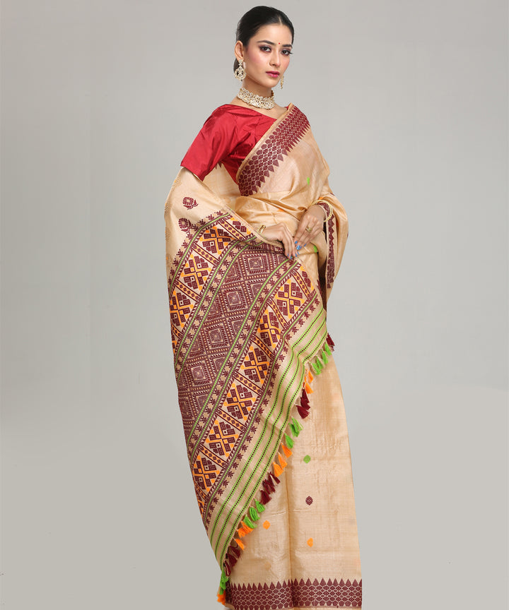 Beige maroon handloom assam tussar silk saree