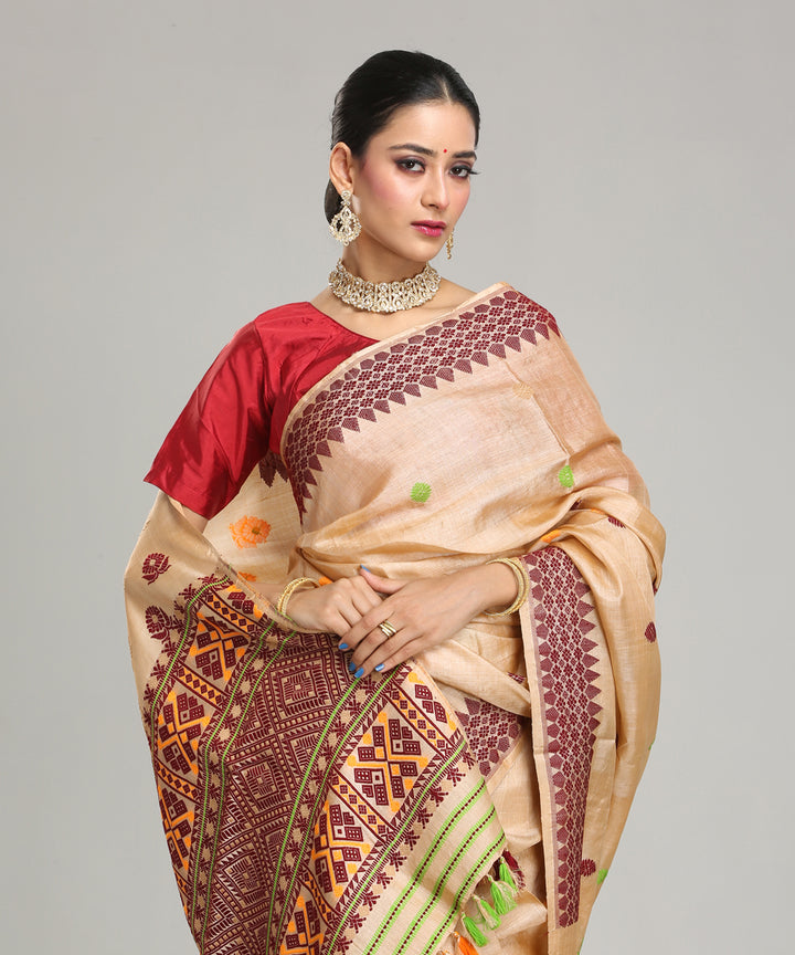 Beige maroon handloom assam tussar silk saree