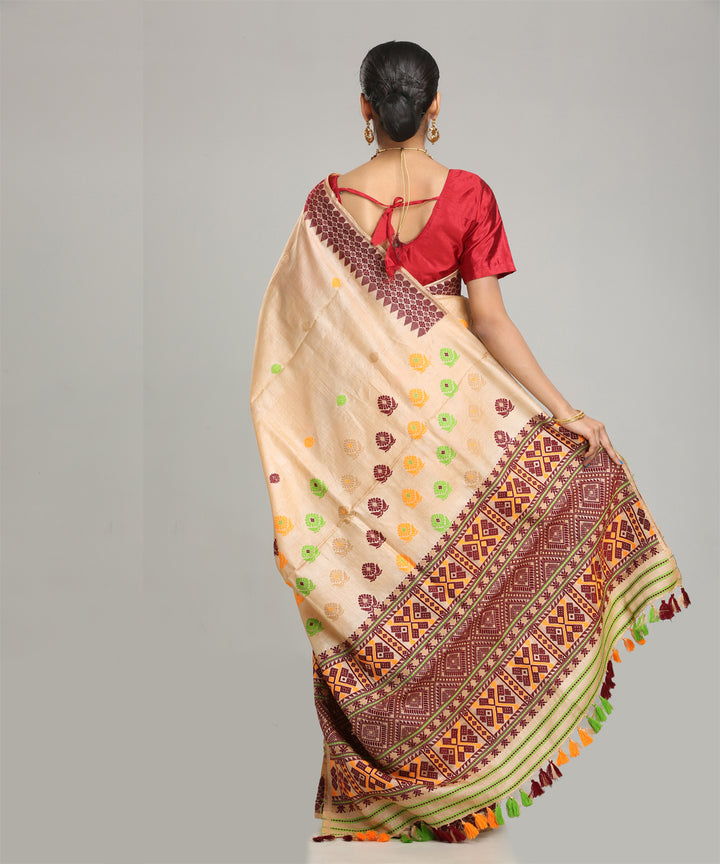 Beige maroon handloom assam tussar silk saree