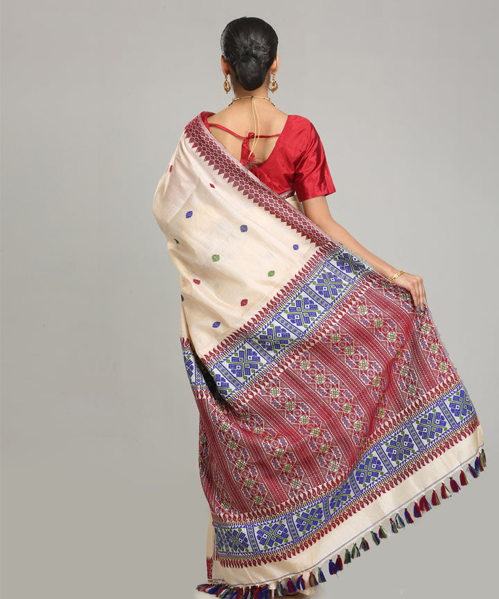 Beige maroon blue tussar silk handloom assam saree