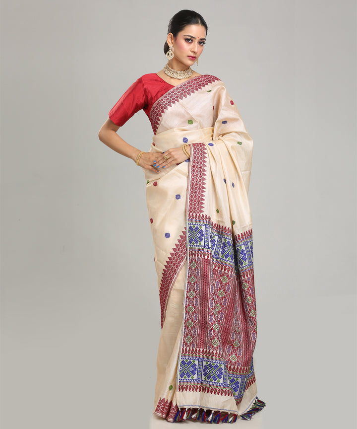 Beige maroon blue tussar silk handloom assam saree